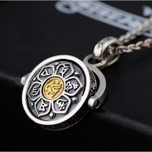 100% 925 Sterling Silver colour Buddhism Spinner Rotating Charm Pendants&Necklace for Men Women Fashion Six Words' Sutra Jewelry
