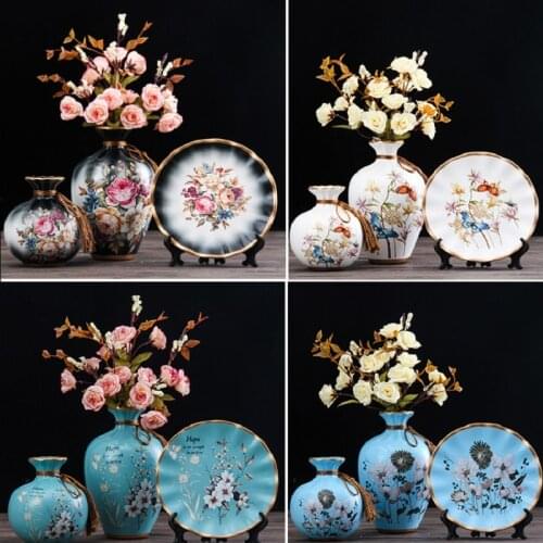 3Pcs/Set European Ceramic Vase Dried Flowers Flower Arrangement Wobble Plate Living Room Entrance Ornaments Home Decorations