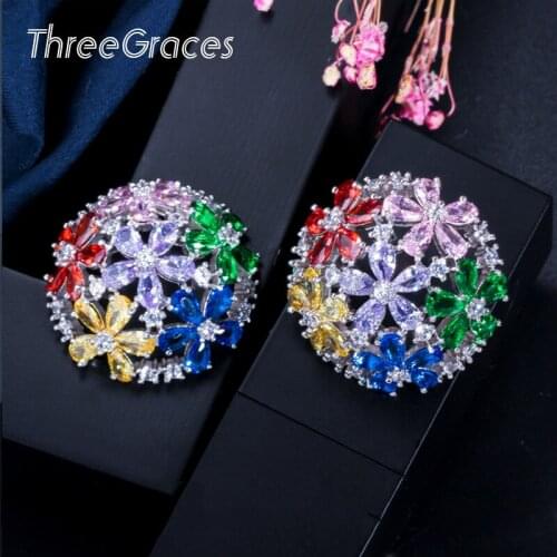 ThreeGraces Colorful Design Pure Silver Color Romantic Flower Cubic Zirconia Big Round Stud Earrings Fashion Jewelry ER185