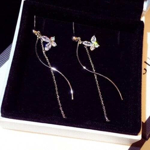 Brillian New Korean Butterfly Earrings Long Fashion Super Flash Set AAA Zircon Tassel Earrings Wedding Ball Jewelry