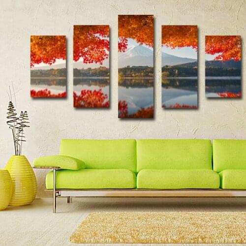 Frameless Ddecorative Oil Painting 5 Piece Volcano with Autumn Maple Leaves Canvas Prints Painting Picture Home Wall Art