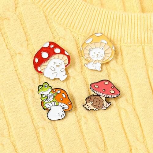 Cat Frog playing Mushroom Hedgehog Custom Enamel Pin Brooches Shirt Lapel Cartoon Animal forest Badge Jewelry Gift for Kids