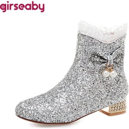 Girseaby Sweet Princess Ankle Boots Bowtie Pearl Crystal Sequined Cloth Round Toe Shiny Zip 2.5cm Short Heel US12 Pink A4213