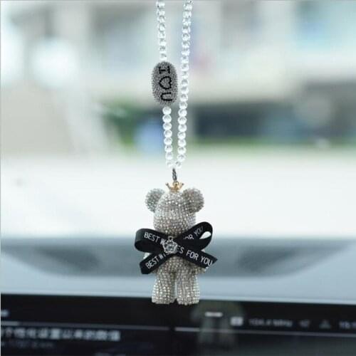 Creative High-end Handmade Rhinestones Cartoon Bear Girl Rearview Mirror Hanging Pendant Car Interior Accessories Gift