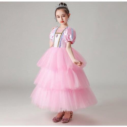 Flower Girl Dress Illusion Sequined Crystal Embroidery O-Neck Short Princess Floor-Length Lace Tulle Luxury Kids Party Gown H318