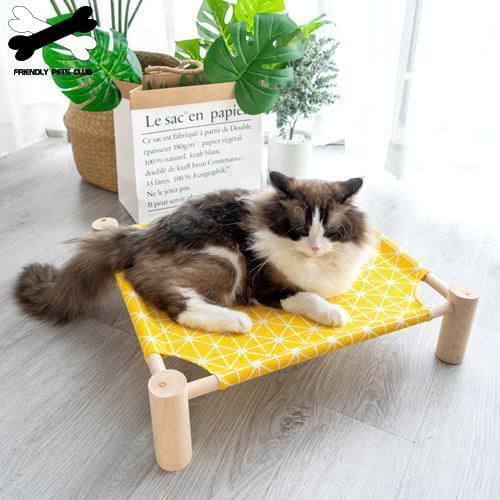 Summer Pet Bed Wooden Removable Washable Cooling Cat Bed House Portable Puppy Dog Breathable Camping Bed Cotton Hemp Hammock