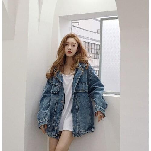 Fashion Women Spring Autumn Loose Long Denim Jackets 2021 New Street Casual Washed Blue Coats Harajuku Girls BF Jeans Jackets