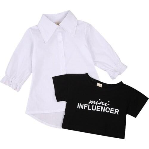 Fashionable Kid Skirt Suit, Long Sleeve Lapel Collar Shirt with Round Neck Short Sleeve Shirt Top Mini Skirt for Summer 2021