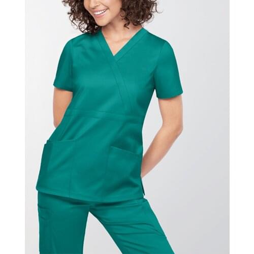 New Women Solid Color Short-sleeved Working Scrubs Tops With Pockets Nurse Uniform Blouse For Hospital Workers Enfermera A40