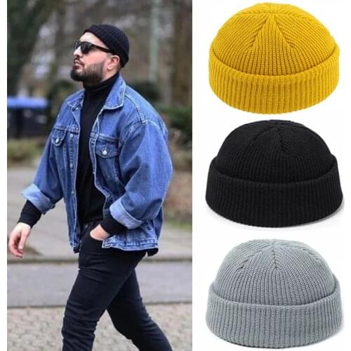 Solid Color Warm Knitted Casual Brimless Hat Winter Hip Hop Skullcap Street Men Beanie Unisex Melon Cap for Women Male Bonnet