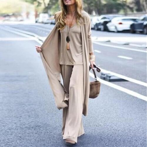 Solid Loose Spring Autumn Casual Three Piece Set Womens Office V-Neck Matching Suit Female Straight Pants Streetwear 3Pc Suit