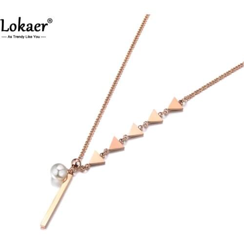 Lokaer Trendy Imitation Pearls Pendant Five Triangles Pendant Necklaces Stainless Steel Sweater Chain Necklace For Women N18249