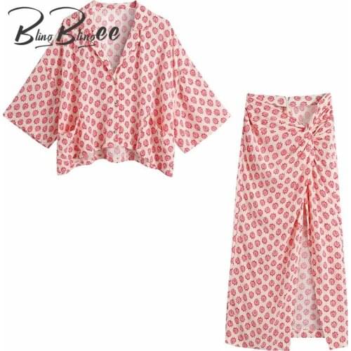 BlingBlingee Casual Holiday Beach Wear Printed Kimono Shirts and Split Midi Skirt 2021 Summer Women 2 Piece Sets Female Outfits