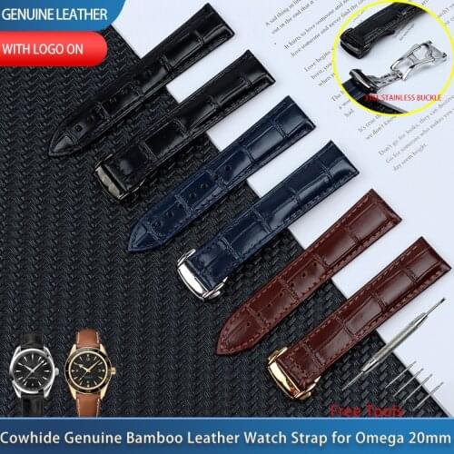 Calfskin Genuine Bamboo Grain Leather Watch Band For Omega Strap Watch Seamaster Speedmaster 300 DeVille Watchband Bracelet Logo