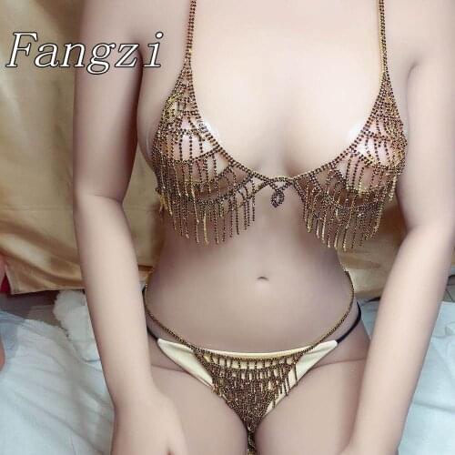 Sexy woman crystal tassel bra and T-String chain full body jewely shiny Rhinestone Bikini Bra jewelry accessories for her gift