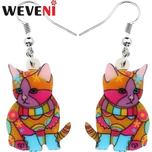 WEVENI Acrylic Anime Floral Kitten Cat Earrings Big Long Drop Dangle Sweet Pet Jewelry For Girl Kid Party Gift Fashion Accessory