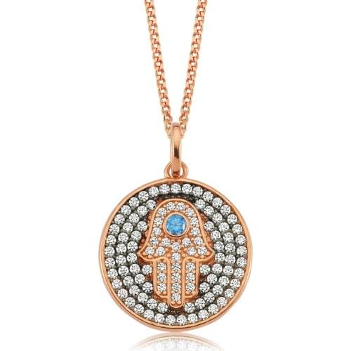 Valori Jewels Medallion Hamsa, Zirconia White And Fancy Blue Gemstone, Rose Gold Plated, Sterling Silver Necklace