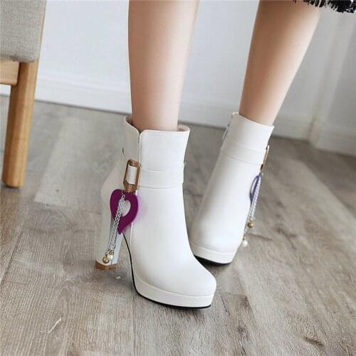 YMECHIC Fashion Party Wedding Shoes platform high heels chain bead white pink black bride daily heeled ankle boots for women