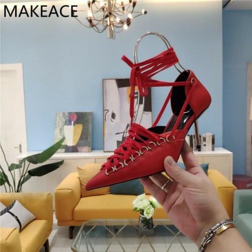 Cross Tied Hollow Outs High Heel Women Pumps Pointed Toe Genuine Leather Gladiator Shoes Ladies Metal Heels Runway Shoes Woman