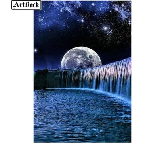 5d diy diamond painting waterfall moon landscape 5d full drill square diamond embroidery crystal mosaic wall decoration