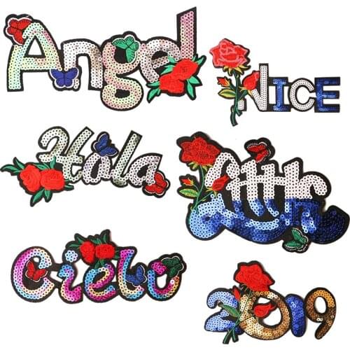 Angel,2019 with roses Sequin icon Iron on Patches for Clothing DIY Stripes Clothes Patchwork Stickers for Children Custom Badges