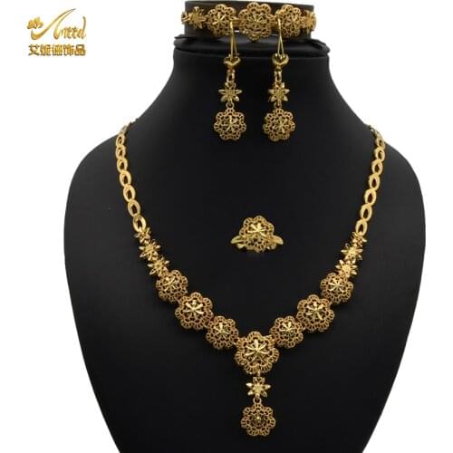 Bridal Jewelery Set 4pcs Indian Necklace Sets Earrings For Women Gold Rings African Bracelet Accessories Wedding Bridesmaid Gift