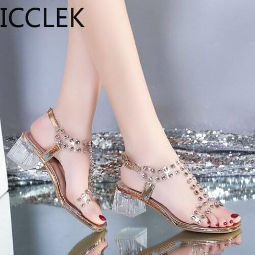Fashion Sandals Womens Korean Version Flower Diamond Thick Heel One Line with Elastic Foot High Heel Sandals