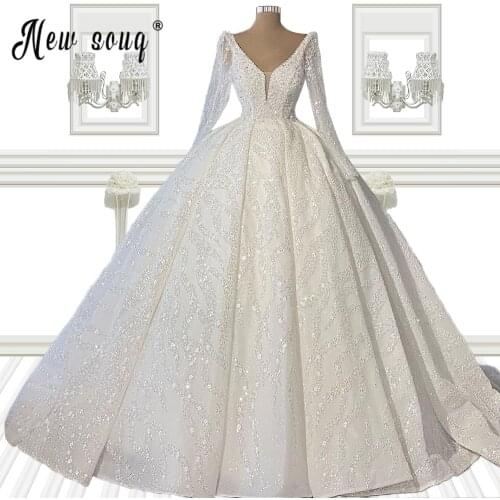 Full Beads V Neck Long Sleeve Wedding Dress 2021 Gorgeous Ball Gown Bridal Dress Wedding Gowns