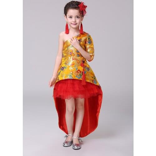 Children Flamenco Dress Girl Princess Dress Kids Trailing Skirts Chinese Traditional Dress Cheongsam Student Kids Dance Wear