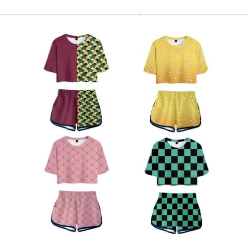 Demon Slayer Cosplay T Shirt Shorts Kimetsu No Yaiba Cosplay Shirt 3D Printed Short Sleeve Pants 2 Sets