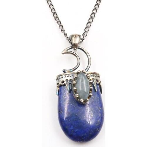 FYSL Silver Plated Crescent Moon Geometric Shape Lapis Lazuli Pendant Link Chain Necklace Labradorite Stone Jewelry