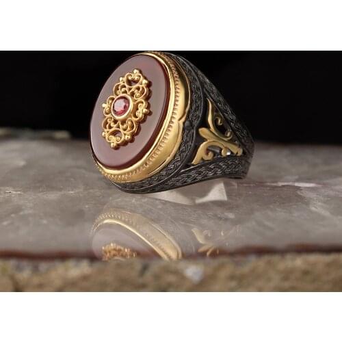Agate Stone Edging Plated 925 Sterling Silver Men 'S Ring