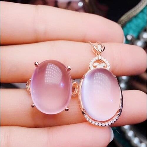 Per jewelry Natural real rose quartz fine jewelry set 1pc ring 1pc pendant 11ct*2pcs gemstone 925 sterling silver J204623