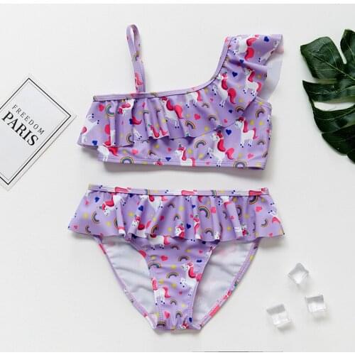 Swimsuit For Girls 3-10 Years Purple Unicorn 2021 New Two Piece Swimwear Oblique Shouldered Childrens Swimwear Ruffle Styel