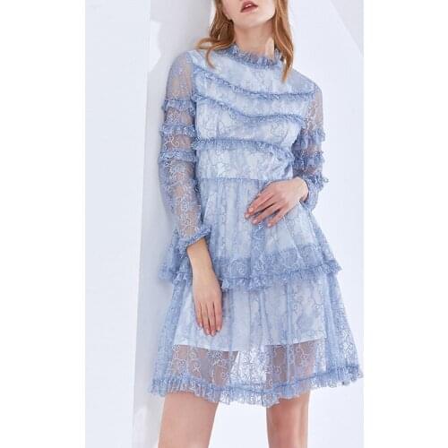 Patchwork Lace Women O-Neck Dress Fashion Long Sleeve Mini Casual Dresses 3251