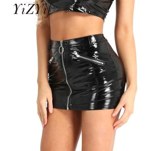Fashion Black Woman Pencil Skirts Summer PU Leather Skinny Fake Pockets Zipper Open Gothic Mini Skirts Womens 2021 Steampunk
