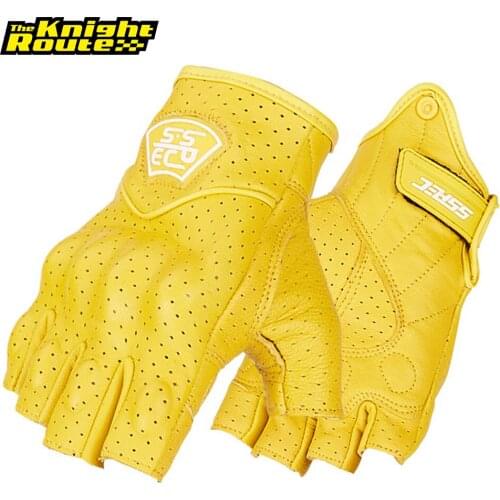 Yellow Genuine Leather Motorcycle Gloves Summer Retro Motocross Motorbike Half Finger Gloves Vintage Riding Biker Moto Gloves