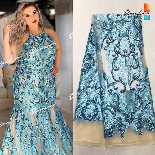 Sky Blue Sequins Net Lace Fabric Lagos African Noble Sequined Embroidered Design 2019 Latest High Quality Guinea Lace Material