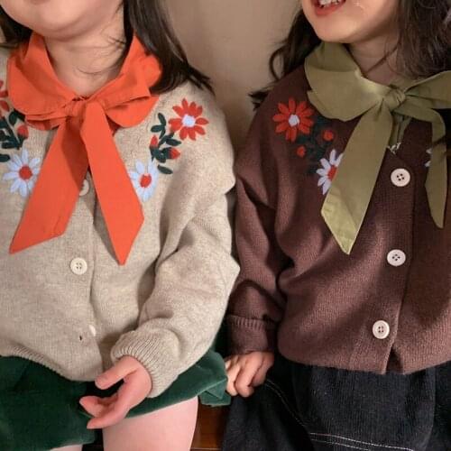 New Autumn 2021 Korean Girls' Embroidered Sweater Baby Girl Cardigan Coats Childrens Flower Long-sleeved Jacket Knitted Coats