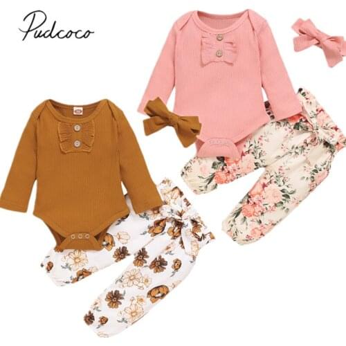 3PCS Baby’s Autumn Clothes Solid Long-Sleeves Rompers Top + Floral Prints Tie-Waist Pants + Bowknot Headband Toddler Girl 0-18M