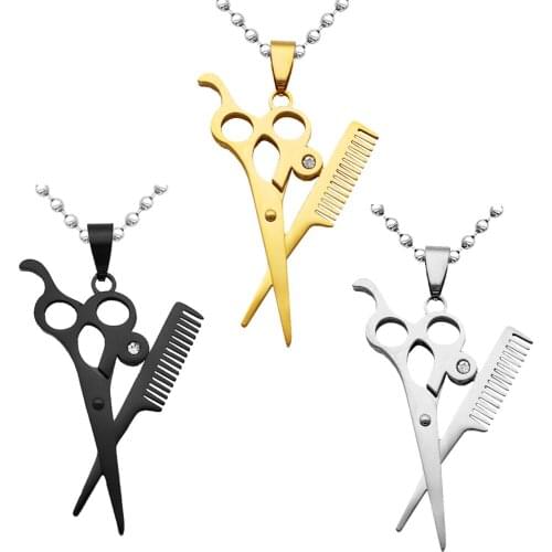 Hair Stylist Scissors and Comb Crystal Charm Stainless Steel Pendant Necklace 19.6 inch Chain