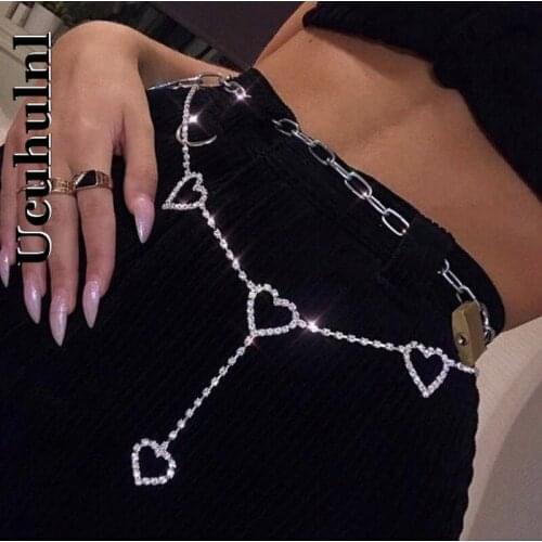 Harajuku Metal with Diamond Chain Love Heart Belts Gothic Women High Waist Belt Gothic Chian Patchwork Fashion Girls Waistbands