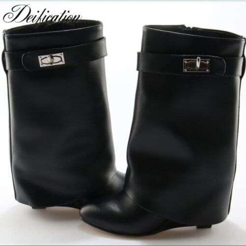 Luxury Winter Warm Female Shoes Bottine Genuine Leather SharkLock Fold Over Wedge Black Boots Slip-On Over The Knee Ladies Boots