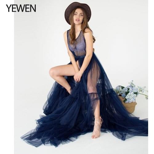 Sexy See Through Tulle Evening Dress Long Woman Formal Party Night Dress Fluffy Maxi Photoshoot Dress YEWEN