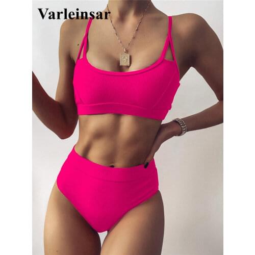Sexy Ribbed High Waist Bikini Women Swimwear Female Swimsuit Two-pieces Bikini set Padded Bather Bathing Suit Swim Lady V2960H