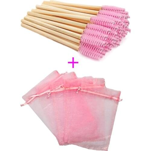 Newest 50/100 Sets Bamboo Handle Eyelash Brush with Drawstring Organza Eyelash Packaging Bag Eyelash Extension Tools Wholesale