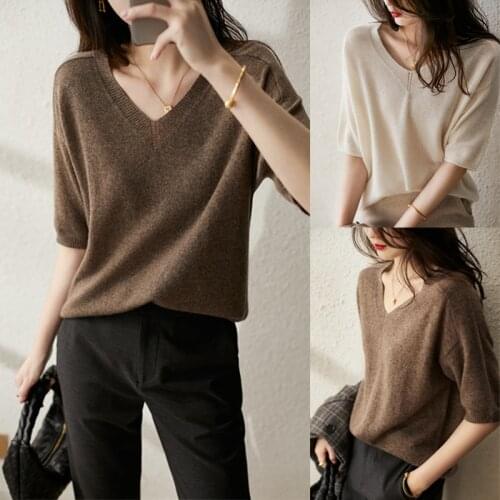 Chic Oversized thin cashmere Sweater Pullovers Women female loose soft sweater short sleeve V neck basic knit Jumpers top