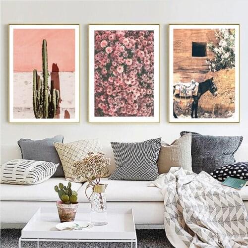 Nordic Horse Cactus Flower Wall Art Canvas Poster Pink Minimalist Print Painting Scandinavian Decoration Picture Living Room