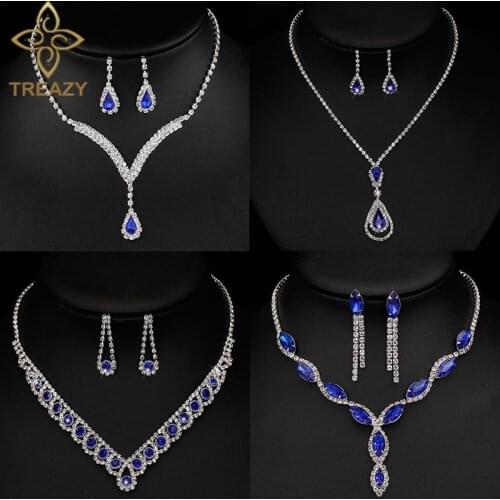 TREAZY Royal Blue Crystal Bridal Jewelry Sets Silver Plated Rhinestone Necklace Earrings Set for Women Prom Wedding Jewelry Sets