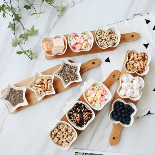 Creative 3 Dish Fruits Platter Snacks Desserts Plate Home Tableware White Ceramic Bowls with Bamboo Wood Tray YHJ021204